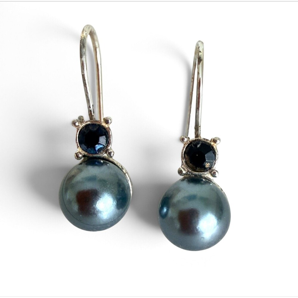 Vintage Avon Silver Plated Grey Pearl Blue Crystal Dangle Drop Earrings Hook Wir